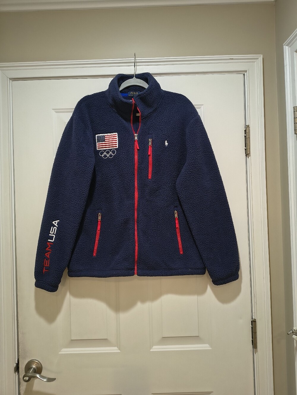 Polo by Ralph Lauren Navy Team USA Puffer Fleece Jacket with Red Zippers Large